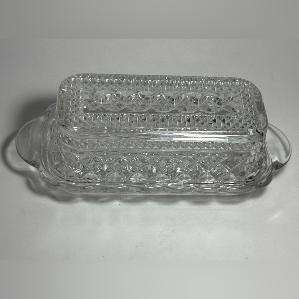 Vintage Wexford Anchor Hocking Glass Covered Butter Dish Diamond Point Pattern